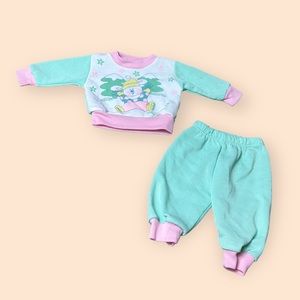 Vintage Baby Two Piece Sweatsuit Pastel Bunny Rabbit In Winter Scene Sz 3-6 Mon
